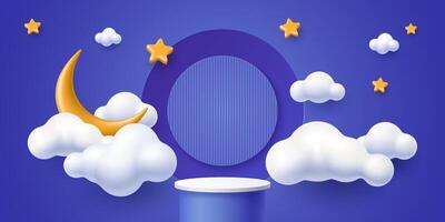 3D kid podium stage with moon, white clouds in sky vector