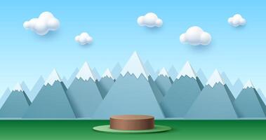 3D kid podium stage with mountain, sky and clouds vector