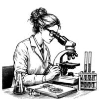 hand drawn female scientist working using microscope. engraving black and white scientist conducting research in the laboratory illustration vector