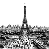 hand drawn eiffel tower illustration for poster and banner. engraving black and white Eiffel tower in France straight view illustration vector