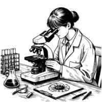 hand drawn female scientist working using microscope. engraving black and white scientist conducting research in the laboratory illustration vector