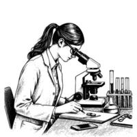 hand drawn female scientist working using microscope. engraving black and white scientist conducting research in the laboratory illustration vector