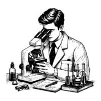 hand drawn male scientist working using microscope. engraving black and white scientist conducting research in the laboratory illustration vector