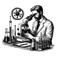 hand drawn male scientist working using microscope. engraving black and white scientist conducting research in the laboratory illustration vector