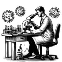 hand drawn male scientist working using microscope. engraving black and white scientist conducting research in the laboratory illustration vector