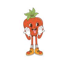 Cartoon retro groovy strawberry showing tongue vector