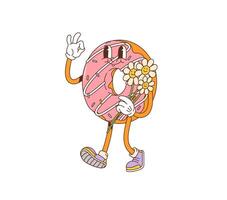 Cartoon donut retro groovy character holds bouquet vector