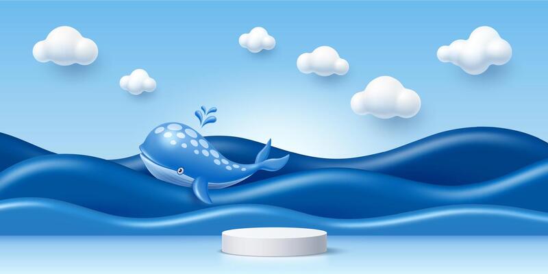 3D kid podium stage, blue sea waves, whale, clouds