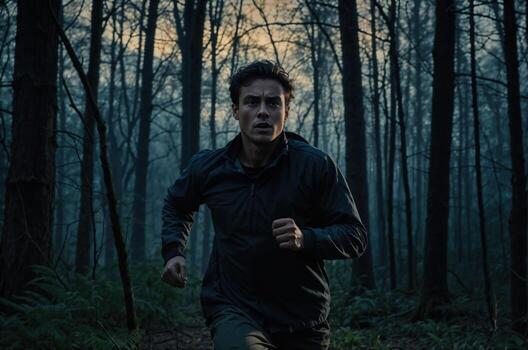 Determined athlete is running through a dark forest at dawn, pushing his limits and striving for greatness photo