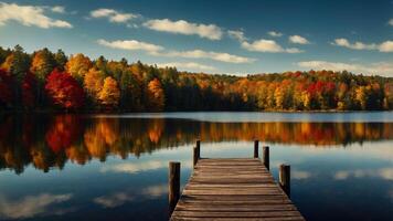 Wooden dock stretching into lake reflecting colorful autumn forest photo