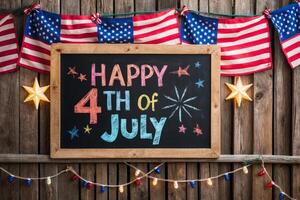 Happy 4th of july sign hanging on rustic fence with american flags and string lights photo