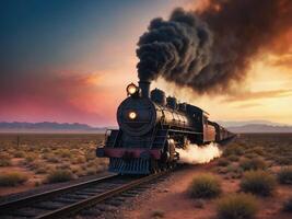 Old steam train is traveling through the desert at sunset, leaving a trail of smoke photo