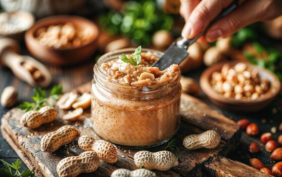 Spreading creamy peanut butter on rustic breadboard photo