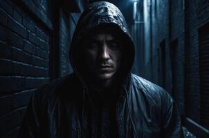 Dangerous looking man wearing a hood is standing in a dark alley at night photo