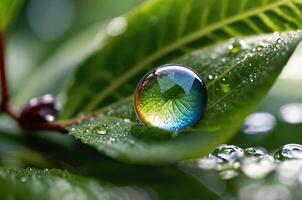Crystal ball resting on vibrant green leaf reflecting sunlight photo