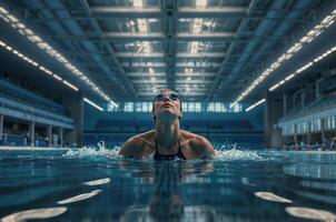 Professional female athlete taking a deep breath while training in a swimming pool photo