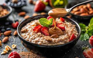 Garnishing a warm bowl of oatmeal with fresh fruit, nuts, and a generous drizzle of caramel sauce photo