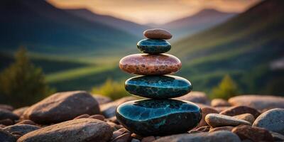 Perfectly balanced stones making a stack in a mountain landscape at sunset photo