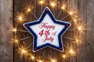 Happy 4th of july star with sparklers on rustic wood background photo