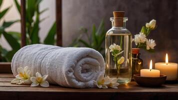 White towel is rolled on a wooden table, surrounded by lit candles, essential oil bottles, and white flowers creating a tranquil spa scene photo