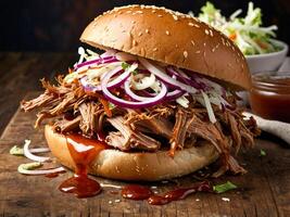 Pulled pork sandwich dripping with barbecue sauce on a rustic wooden table photo