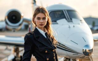 Confident female pilot standing in front of private jet airplane photo
