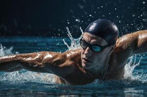 Professional swimmer swimming butterfly stroke in a competition pool photo
