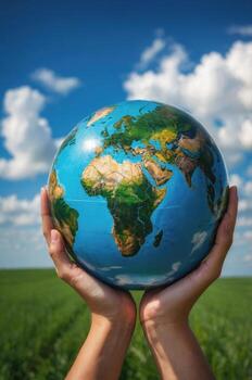 Hands holding globe in front of blue sky and green field symbolizing environmental conservation and responsibility photo