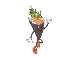 Cartoon retro groovy temaki sushi funny character vector