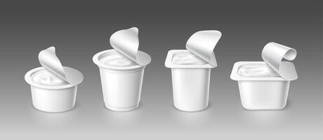 Open yogurt cups, realistic container packages vector