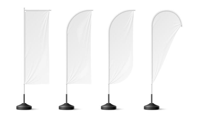 Realistic beach flags, white banner stand mockup