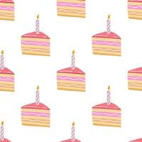 Cake slice piece with candle isolated on white background. Seamless pattern. vector