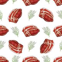 Hand-drawn seamless pattern of beef steak, sirloin, piece of meat. Doodle vintage sketch illustration. Decorations for the menu of cafes and labels. Engraved image. vector