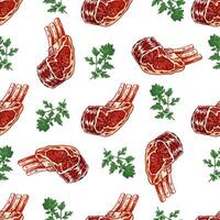 Hand-drawn seamless pattern of beef steak with greens, piece of meat on the bone. Doodle vintage sketch illustration. Decorations for the menu of cafes and labels. Engraved image. vector