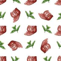 Hand-drawn seamless pattern of bacon in engraved vintage style. Hand-drawn monochrome pattern of hamon or pork meat, ham slice. Italian prosciutto vintage sketch. vector