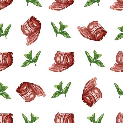 Hand-drawn seamless pattern of bacon in engraved vintage style. Hand-drawn monochrome pattern of hamon or pork meat, ham slice. Italian prosciutto vintage sketch.