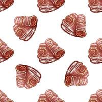 Hand-drawn seamless pattern of bacon in engraved vintage style. Hand-drawn monochrome pattern of hamon or pork meat, ham slice. Italian prosciutto vintage sketch. vector