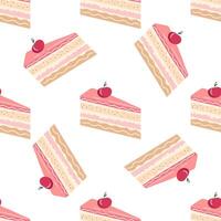 Cake slice piece with cherry isolated on white background. Seamless pattern. vector