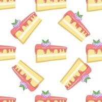 Cake slice piece with meringue isolated on white background. Seamless pattern. vector