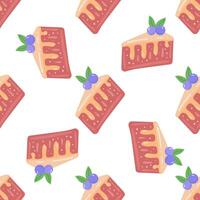 Cake slice piece with berries isolated on white background. Seamless pattern. vector