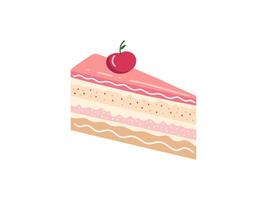 Cake slice piece with cherry isolated on white background. Illustration for stickers and postcards vector