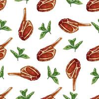 Hand-drawn seamless pattern of beef steak with greens, piece of meat on the bone. Doodle vintage sketch illustration. Decorations for the menu of cafes and labels. Engraved image. vector