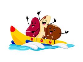 Cartoon cheerful nuts and beans riding banana boat vector