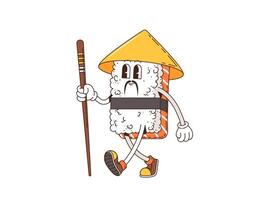 Cartoon retro groovy sushi character in funky art vector