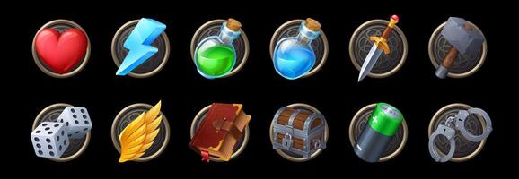 Game asset icons set, fantasy gui elements vector