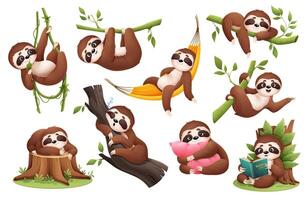 Cartoon cute lazy sloth animal characters on trees vector