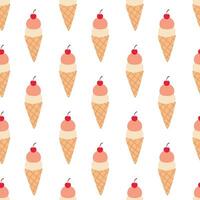 Seamless Pattern. Ice cream in waffle cone with cherry. Summer time sweet food background. flat illustration. vector