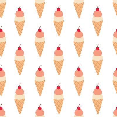 Seamless Pattern. Ice cream in waffle cone with cherry. Summer time sweet food background. flat illustration.