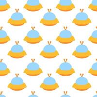 Alien yellow spaceship, spacecrafts and UFO Seamless Pattern. Cosmic ship in form saucer for transportation. Children design. cartoon flat illustration. vector