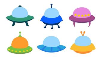 Alien spaceship, spacecrafts and UFO set. Colorful cosmic ship in form saucer for transportation. Children clip art. cartoon flat illustration for space design. vector